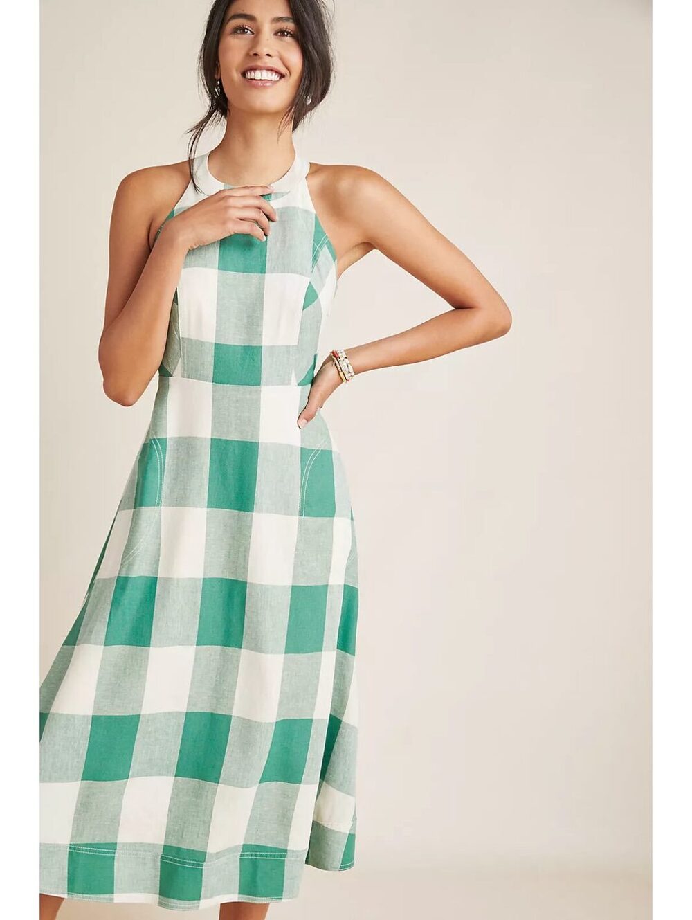 Maeve Anthropologie Greta Green Gingham Linen Halter Midi Dress Size 0